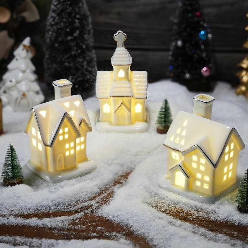 White Christmas Village Houses, 3Pcs Glazed Ceramic Houses with 3Pcs
