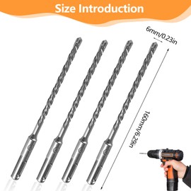 160mm X 6mm SDS Drill Bit, 4PCS Masonry Drill Bit 4 Cutter Carbide Head SDS Plus Hammer Drills Bits for Drilling Holes in Stone Concrete Natural Stone Brick Walls