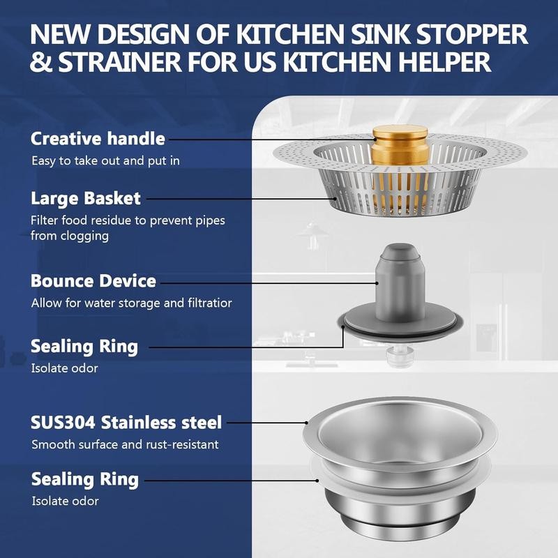 Fecoor Upgraded 3-in-1 Kitchen Sink Drain Strainer, Stainless Steel Sink