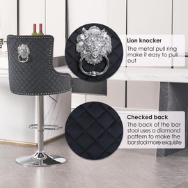Chummaven Velvet Barstools Set of 2, Modern Counter Height Adjustable Swivel Stools Chairs with High Tufted Backrest Chrome Base Lion Head Pull Ring Diamond Pattern Rivet Trim for Kitchen (Black)