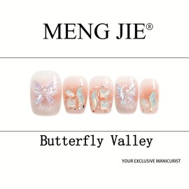 MENGJIE Handmade Butterfly Valley 3d Handmade press on nails,Painted Nail Art Kit,Rose Lover Flower Tea reusable false nails,10Pcs,short type,include toolkit for women girls (Butterfly Valley, Size S)