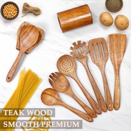 Wooden Spoons for Cooking 9 Pieces - Kitchen Wooden Cooking Utensils Set - Smooth Teak Utensils with Comfort Grip, Wood Spatula and Spoons Perfect for Cooking, Non-Stick Cookware