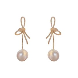 Pearl Bow Earrings for Women Ribbon Bow Knot Earrings Pearl Drop Dangle Earrings Dainty Statement Jewelry Gifts for Women (Gold)