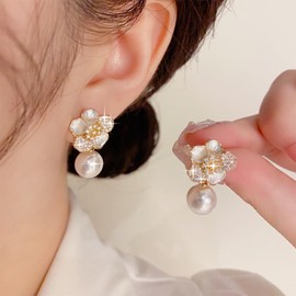 Ximdble Vintage Crystal Flower Stud Earrings Boho Pearl Drop Earrings Rhinestone Flower Earrings Cz Statement Pearl Earrings for Women