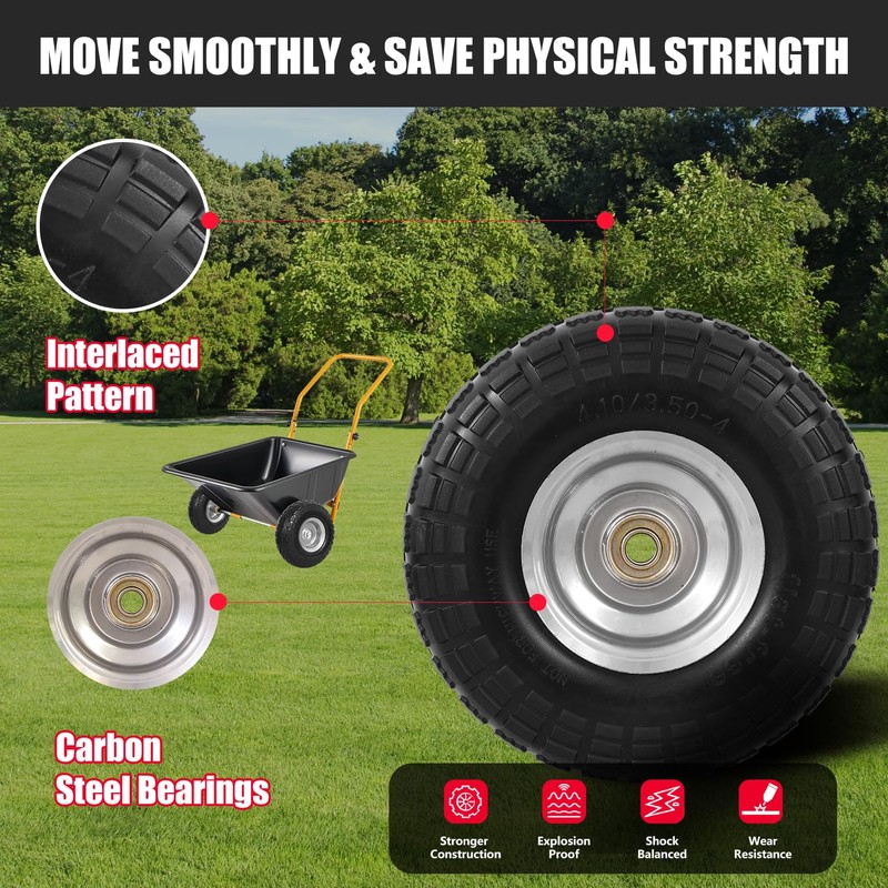 4.10/3.50-4 Flat Free Tire and Wheel, 4 Pack 10" Solid