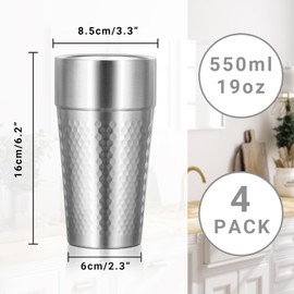 Offiper Stainless Cups, 19 oz Double Wall Insulated Tumbler, 4 Pack Unbreakable Stackable Water Tumblers Vacuum Insulated Metal Cup Premium Drinking Glasses for Travel Camping Home Outdoor Office