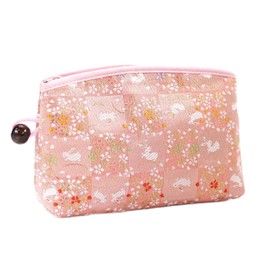 Kyoto Geimidou Nishijin Textile High-grade Gold Brocade Cosmetic Pouch, Japanese Pattern, Made in Japan, rabbit pink 02