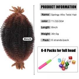 8inch Springy Afro Twist Hair 3 Packs Pre-Separated Braiding Hair Marley Twist Hair for Soft Faux Locs Short BOB Spring Twist Hair Kinky Twist Crochet Hair for Women