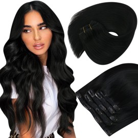 Sunny Clip in Human Hair Extensions 22inch Jet Black Clip on Hair Extensions For Women Black Clip in Hair Extensions Real Human Hair Clip ins Jet Black Hair Extensions Brazilian Hair 120g