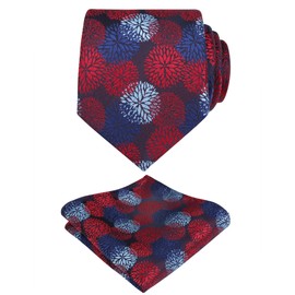 Alizeal Mens 3.15'' Fireworks Pattern Tie with Pocket Square Tie Set, Navy+Blue+red
