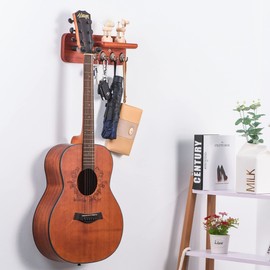 TREELF Guitar Wall Mount, Guitar Wall Mounts with Shelf, Ukulele Wall Mount, Guitar Hook Rack, Wooden Guitar Wall Stand Holder for Acoustic Guitar, Bass, Mandolin (Large)