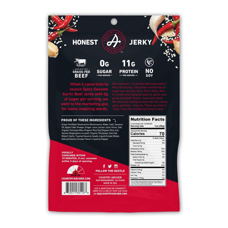 Zero Sugar Spicy Sesame Garlic Beef Jerky by Country Archer