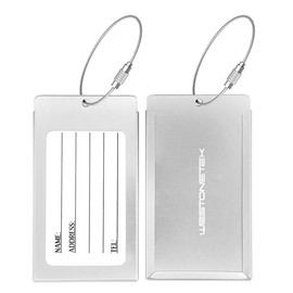 Pack of 2 Luggage Tags, Aluminum Metal Travel ID Tag Business Card Holder Name Address Identifier Labels Suitcase Label with Steel Cable for Baggage Bag, Silver