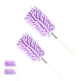 Duster, telescope, washable, 2 pieces, mini microfibre duster, bendable, long extendable up to 75 cm, telescopic rod dust mop for car, dust, cobwebs, table duster
