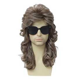Auguyist Women's Long Curly Mullet Wig with Sunglasses, Brown (Mdeium Ash Brown)