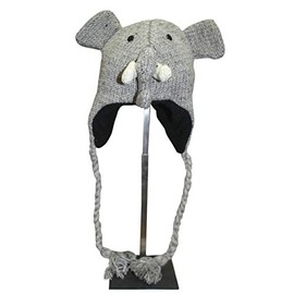 Sherpa Love Hand Knit Unisex Wool Animal Beanie Hat Cap Ear Flap Fleece Lined Nepal (Child, Elephant)