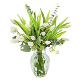 KaBloom PRIME NEXT DAY DELIVERY - Bouquet of 20 White Tulips and Lush Greens with Vase.Gift for Birthday, Sympathy, Anniversary, Get Well, Thank You, Valentine, Mother’s Day Fresh Flowers