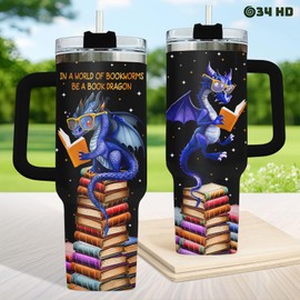 34HD Book Lovers Gifts, Book Dragon Tumbler with Handle and Straw, 40oz Bookish Mug Insulated, Funny Bookworm Gifts for Librarians Booknerds Teachers Friends