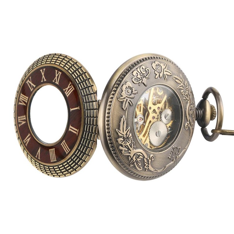VIGOROSO Men's Hand-Wind Mechanical Pocket Watch Vintage Steampunk Wood Grain