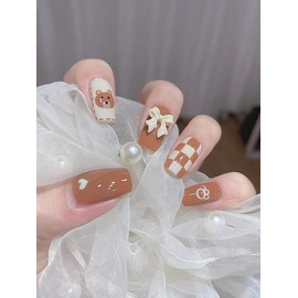 Salon Quality Elegant False Nails 24pcs Fancy Press On Nail incl. 1 sheet tape (Teddy Bear 3D Bow Checkered Long Square)
