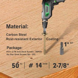 FMhotu 2-7/8 Inch Heavy-Duty Outdoor Wood Screws Assortment Fastener Kit, 50Pcs Star Drive Deck Screws, Rust Resistant Timber Screws for Timber/Log/Landscaping Wood (#14 x 2-7/8" Tan)