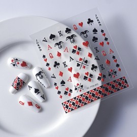 Poker Nail Art Stickers Playing Card Style Nail Decals Black Red Heart 5D Embossed Self-Adhesive Joker Letter Graphics Nail Design Supplies Red and Black Plaid for Women Girls Nail Art Decoration