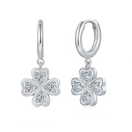 MINDDHA 18K White Gold Plated Drop Dangle Clover Huggie Hoop Earrings for Women – Dainty Four-Leaf Clover Earrings with Charm – Sterling Silver Post Jewelry for Special Occasions (24mm x 11mm)