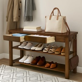 YuUniqex Wood Shoe Bench Entryway with Drawer: 2-Tiers Wooden Storage Shoe Rack with Bench Seat, Compact Mid-Century Modern Design for Entryway, Hallway,Closet,Front Door Entrance,Foyer Walnut 39.3"