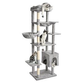 Made4Pets Tall Cat Tree, 71 Inches Cat Tree Tower for Indoor Cats Large Adult, Plush Multi-Level Cat Tower with 5 Scratching Posts, 2 Hammock, Condo and Perch, Big Cat House Indoor, Grey