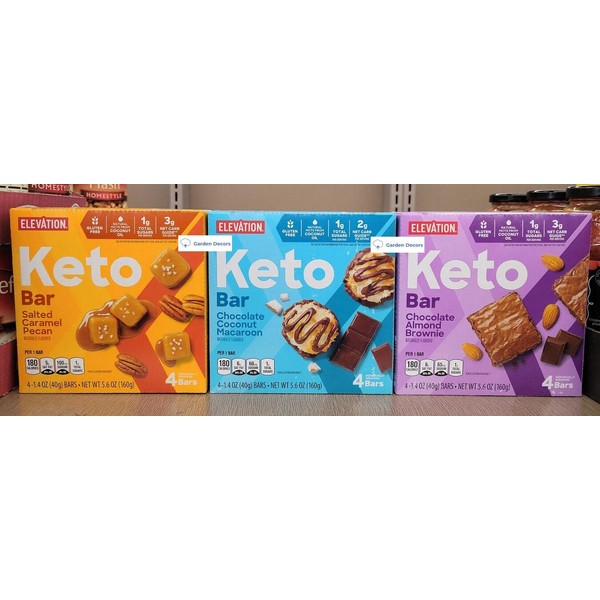 Elevation by Millville Elevation Keto Bar Salted Caramel Pecan, Chocolate Coconut Macaroon, Chocolate Almond Brownie, 5.6oz 160g (Three Boxes), 5.6 Ounce (Pack of 3)