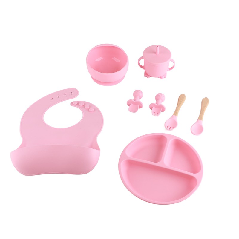 8 Pcs Silicone Baby Feeding Set Bib Suction Plate Bowl