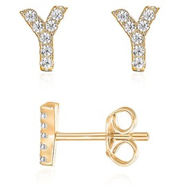 Initial Stud Earrings for Girls 18K Gold Plated CZ Simulated Diamond Stud Earrings Hypoallergenic Earrings for Women (Y)