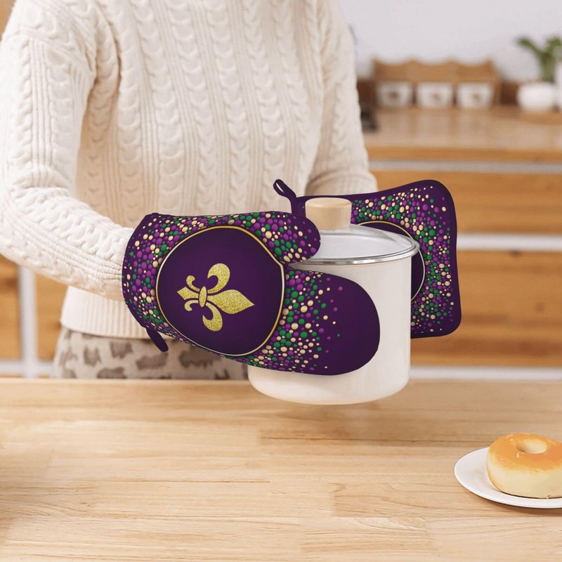 Mardi Gras Purple Golden Glitter Fleur De Lis Oven Mitts