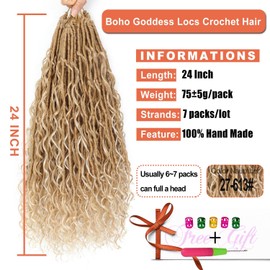 Goddess Locs Crochet Hair 7 Packs Bohemian Goddess Faux Locs Crochet Hair Pre Looped Boho Soft Locs Synthetic Braids Hair Extensions for Women (27/613#, 24 Inches)