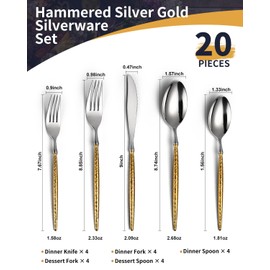 Lemeya 20-Piece Hammered Silver Gold Silverware Set,18/10 Stainless Steel Forging Heavy Duty Cutlery Set for 4, Luxury Unique Flatware Set,Spoons and Forks Set,Mirror Polished,Dishwasher Safe