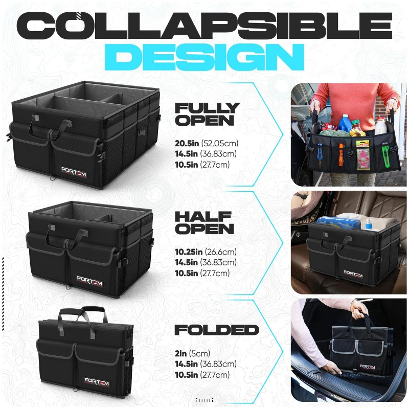 FORTEM Car Trunk Organizer, Collapsible Multi Compartment SUV Organizer, Foldable