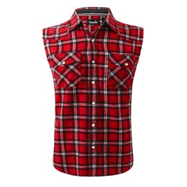 Mens Casual Flannel Plaid snap Shirt Sleeveless with Pocket (brigtred, 3XL)