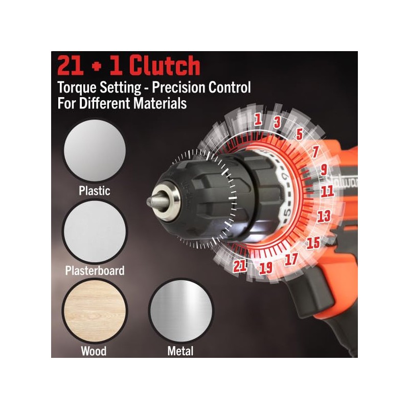 71-Piece Drill Set - 20V Cordless Drill with 21+1 Torque