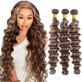 Highlight Bundle P4613 Deep Wave Human Hair Bundles Two Tone Color 4 Brown Mixed With 613 Bundle Blonde Deep Curly 3 Bundles 30 32 34 Inch Ombre Hair Weave