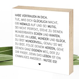 Wunderpixel® Holzbild Habe Vertrauen in dich - 15x15x2cm zum Hinstellen/Aufhängen, echter Fotodruck mit Spruch auf Holz - schwarz-weißes Wand-Bild Aufsteller Zuhause Dekoration Geschenk Achtsamkeit