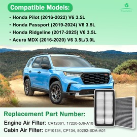 CA12061 Engine Air Filter & CF10134 Cabin Air Filter for Honda 3.5L | Compatible with Acura MDX(2016-2020), Passport(2019-2024), Pilot(2016-2022), Ridgeline(2017-2025) | 17220-5J6-A10, 80292-SDA-A01
