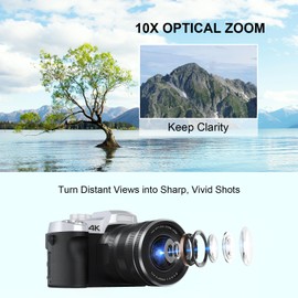 Yatao Cameras for Photography & Vlogging,75MP 4K Digital Camera with Flip Touchscreen, 10X Optical Zoom, WiFi, 64GB TF Card, Card Reader, Compact YouTube Camera for Travel, Beginners, Creators