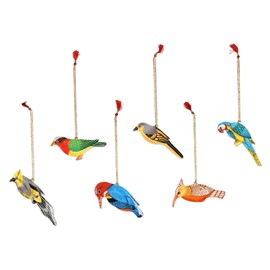 NOVICA Artisan Handmade Wood Ornaments Handpainted Assorted Bird Set of 6 Multicolor India Holiday Decor Animal Themed Christmas [ 1.4in H x 4.3in W x 0.1in D] ' Festive Birds' Set of 6