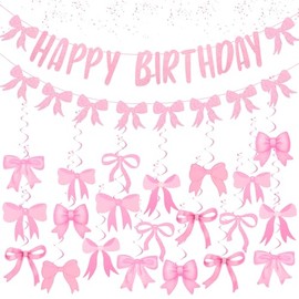 ACO-UINT Pink Happy Birthday Bow Banner with 21 Spiral Bows, Glittery Birthday Party Decorations for Women, Birthday Backdrop Supplies