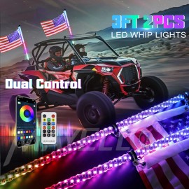 MAYELLO Pair Spiral Whip Lights LED RGB Dancing Light W/Flag For Polaris RZR 900 1000 XP