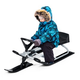 GYMAX Snow Racer Sled, Ski Sled Slider with Steering Wheel, Twin Brakes & Pull Rope, Heavy Duty Snow Slider Board for Kids Age 4 & up, Steerable Snow Sled for Kids Teenagers Adults (Grey)