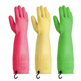 Rubber Dishwashing Gloves for Kitchen - Ausdown 3 Pairs Non-Slip 15inch Long Cleaning Washing Dish Household Latex Glove (Large)