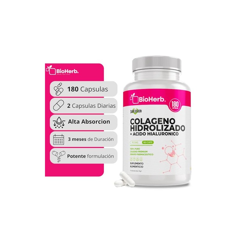 Bioherb Colágeno Hidrolizado Ácido Hialurónico Extremadamente Eficaz 180 Cápsulas Suministro