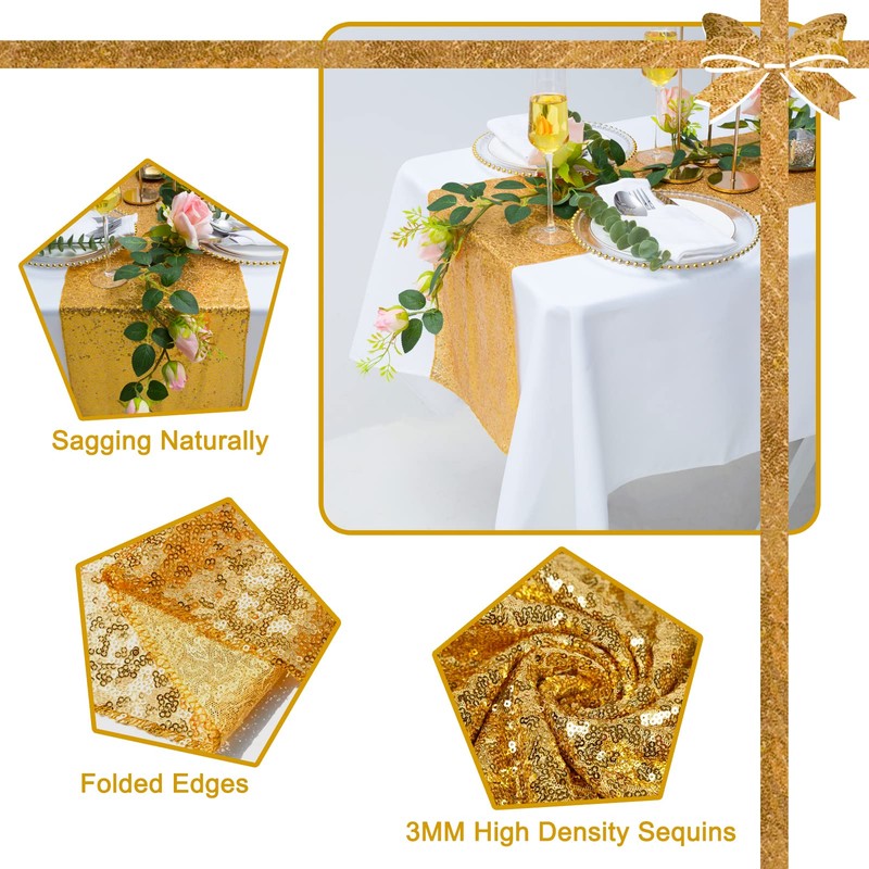 TCBESTO Gold Sequin Table Runner 12''x108'' 2 Pack Glitter Table