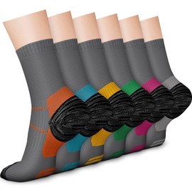 CHARMKING 6 Pairs Crew Compression Socks for Women & Men Circulation 15-20 mmHg is Best for All Day Wear Running Nurse (S/M, Grey Multicolor)